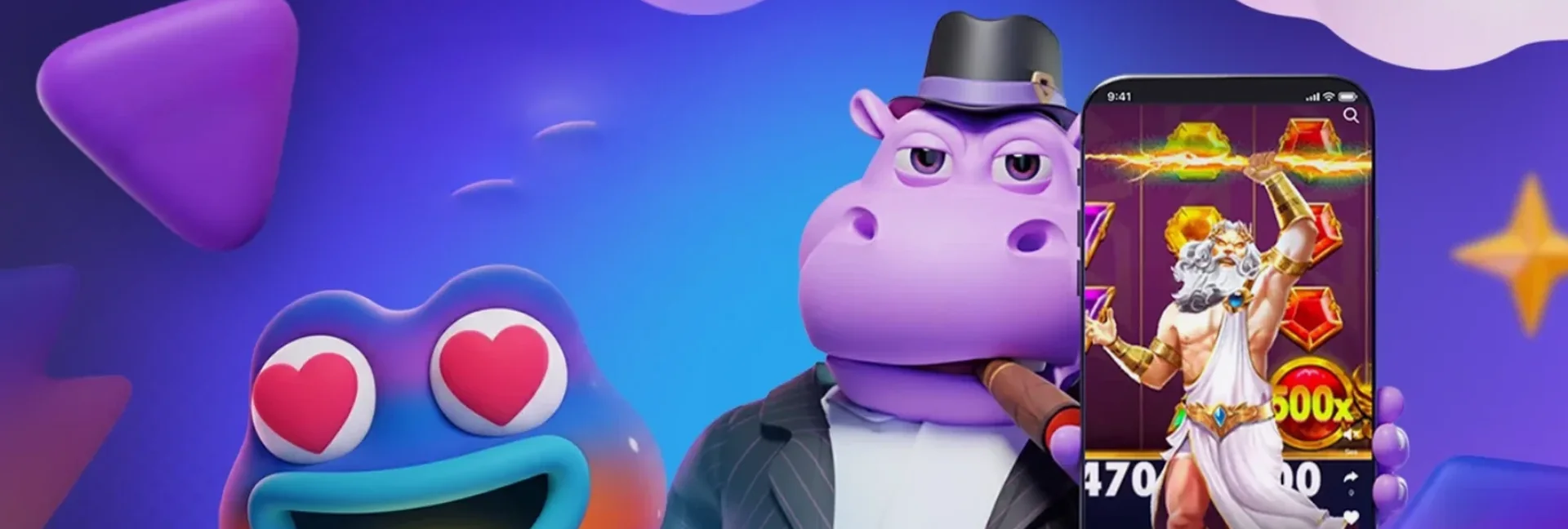 Cartoon hippo in a top hat beside a phone running an online slot